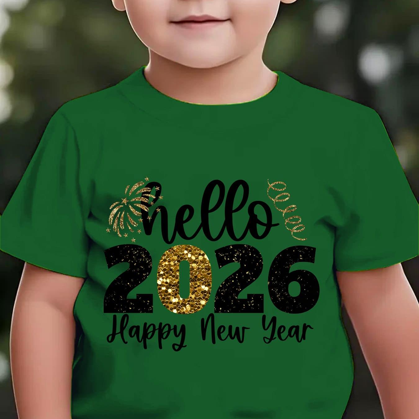 Boys' 2026 New Year'S Eve Party T-Shirt - Hello 2026 Happy New Year Fireworks Print with Golden & Lettering - Lightweight Summer Tee for Birthday Party Outfit, New Year'S Eve Celebration - Easy-care Kids Shirt, New Year T Shi