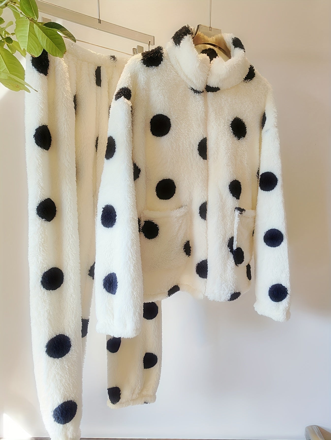 2pcs Women'S Autumn & Winter Loungewear Set | Polka Dot High Neck Zip-Up Jacket + Pants with Pockets, Loose Fit, Long Sleeve Drop Shoulder Style for Casual Home Wear.