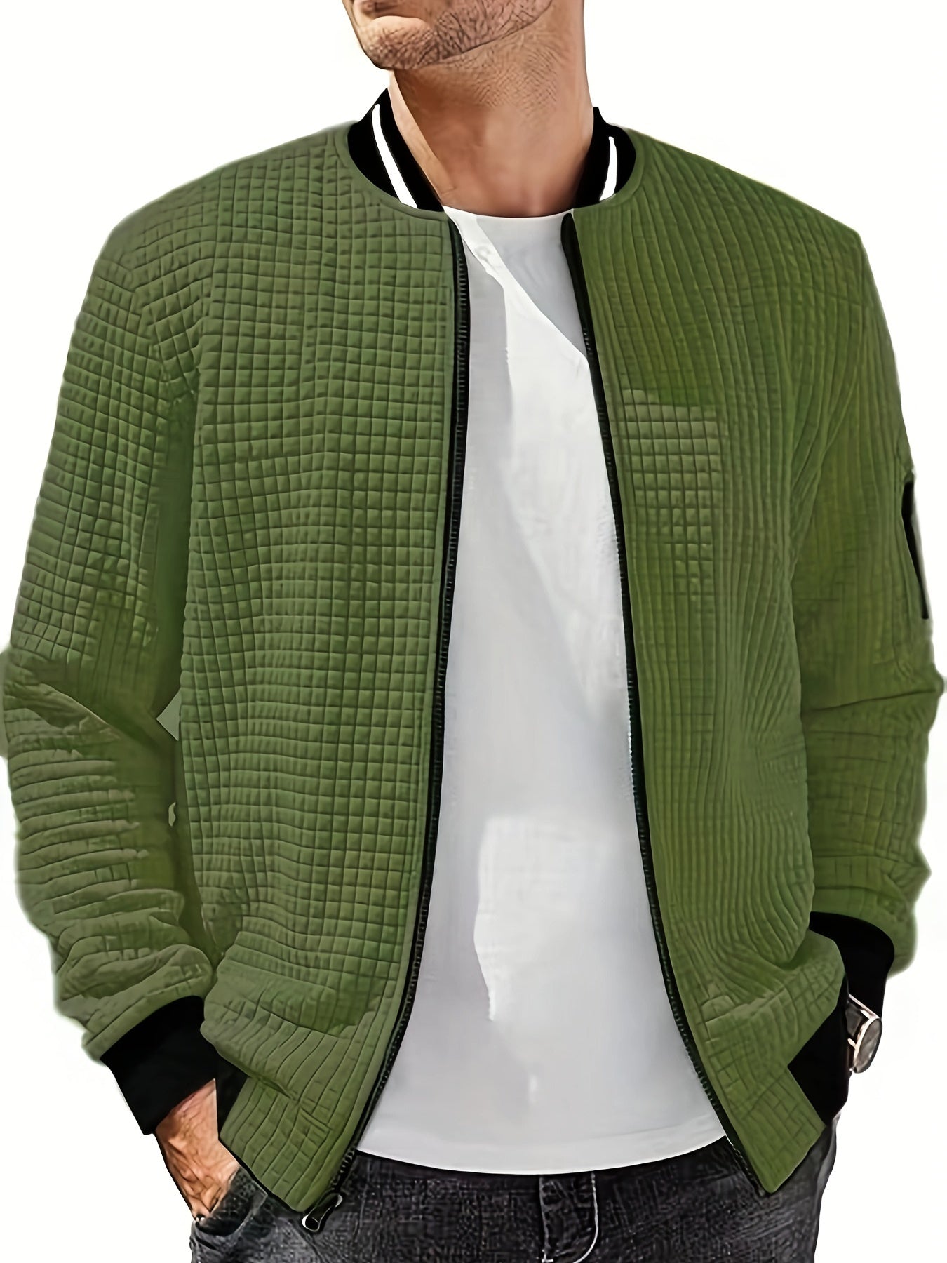 Men's Casual Bomber Jacket with Stand Collar - Polyester and Elastane Blend, Knit Fabric with Slight Stretch, Solid Color, Zipper Detail, Long Sleeve, Regular Fit