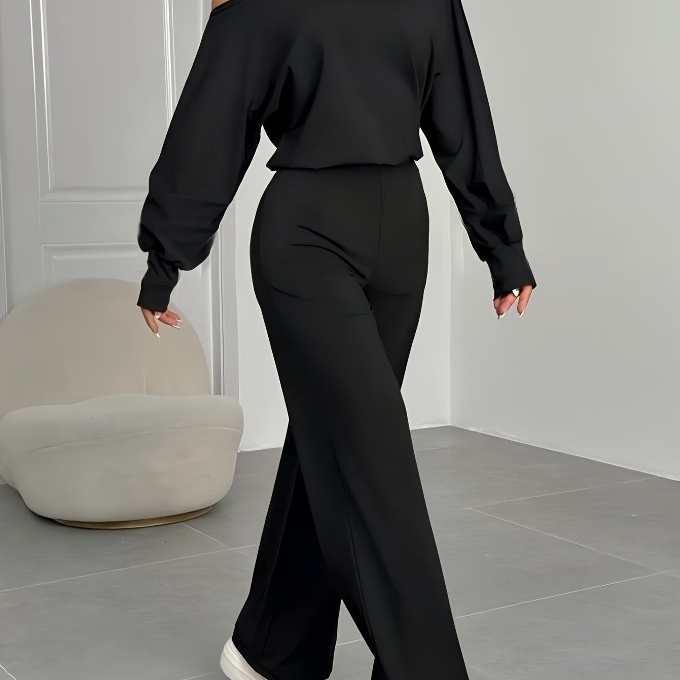 Women'S Asymmetrical Off-Shoulder Top With Bell Sleeves And Straight Pants Set | Solid Color, Elastic Comfort, Ideal For Parties And Street Style - ayq