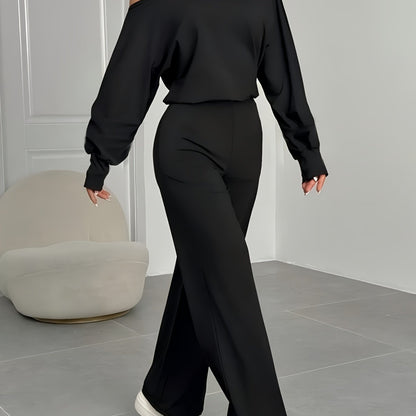 Women'S Asymmetrical Off-Shoulder Top With Bell Sleeves And Straight Pants Set | Solid Color, Elastic Comfort, Ideal For Parties And Street Style - ayq
