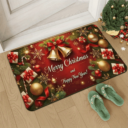 1pc Christmas & New Year Welcome Mat with Merry Christmas & Happy New Year Greeting, Red/Golden/Green Holiday Design, Non-Slip Backing, Heavy-Duty 600g/m² Polyester, Machine Washable Indoor/Outdoor Door Mat with Pine Branche