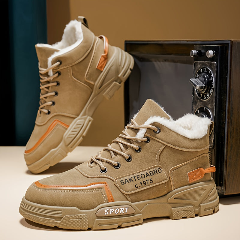 Mid-Top Fleece-Lined Comfortable Warm Gripper Sole Casual Winter Boots for Men and Women, Striped Design. Suitable for Extreme Cold Weather Snowy Conditions with Thick Insulation Lace Closure Anti Slip Durable PVC Outsole Hun