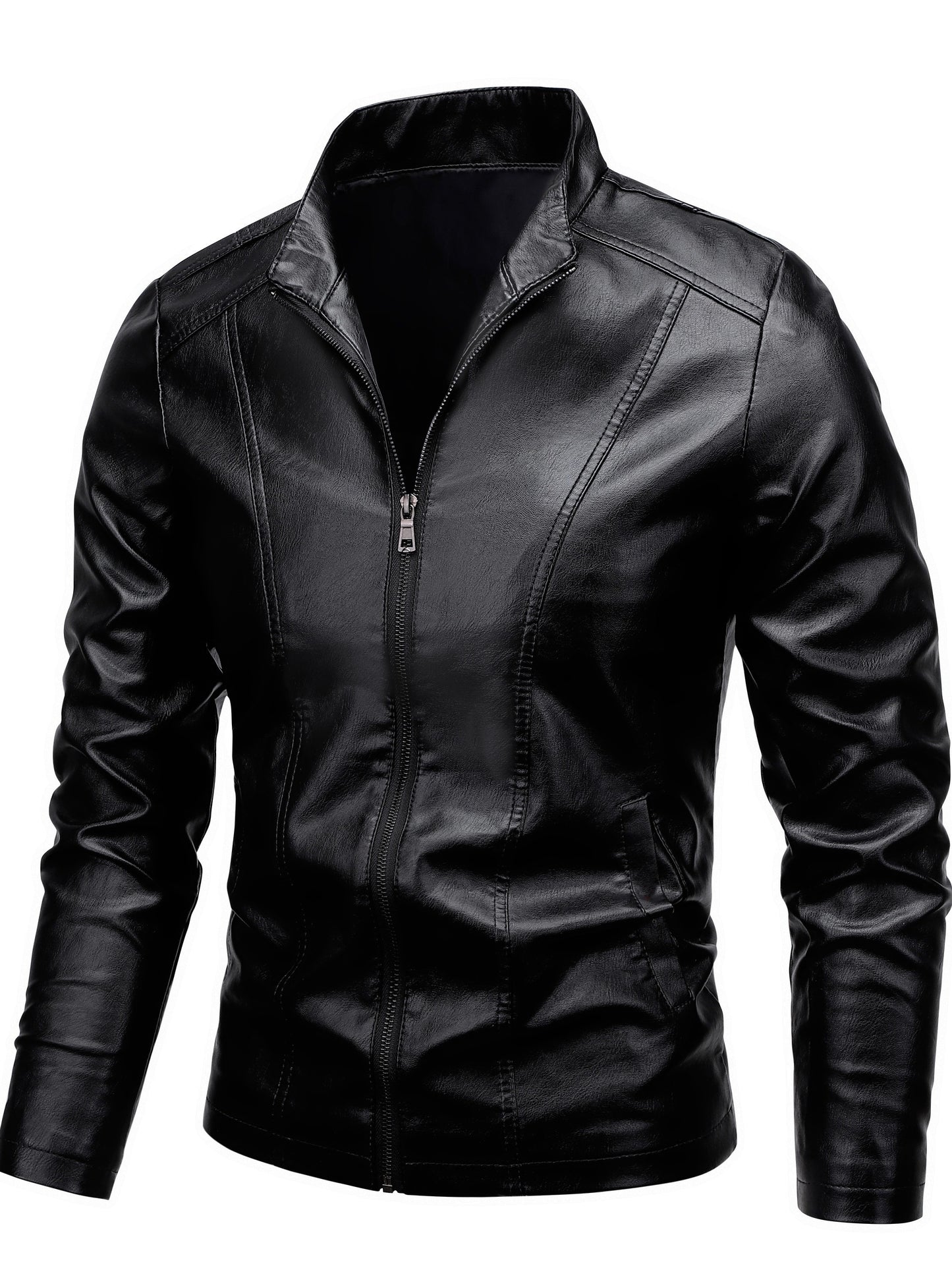Men'S Casual Jacket - Stand Collar Zip-Up Long Sleeve - 100% Polyurethane, Solid Color, Non-Stretch Woven Fabric, Regular Fit with Functional Pockets for Daily Wear