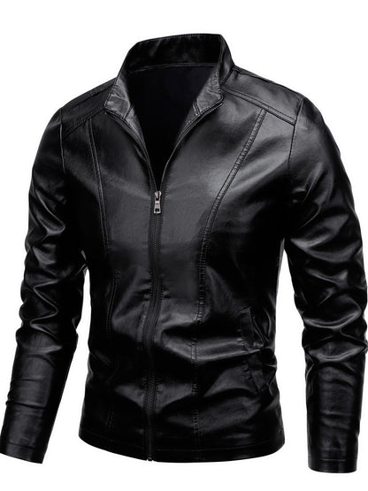 Men'S Casual Jacket - Stand Collar Zip-Up Long Sleeve - 100% Polyurethane, Solid Color, Non-Stretch Woven Fabric, Regular Fit with Functional Pockets for Daily Wear