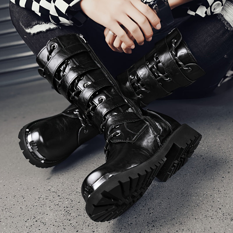 Men's Stylish PU Leather Boots with Zipper and Buckle