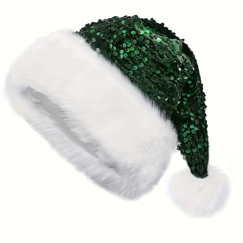 Christmas Sequin Santa Hat - Double Layer Shimmery Polyester Beanie Cap with Plush Trim, Inelastic, Handwash Only, Knitted Craftsmanship, No Feathers, Festive Holiday Headwear for Adults
