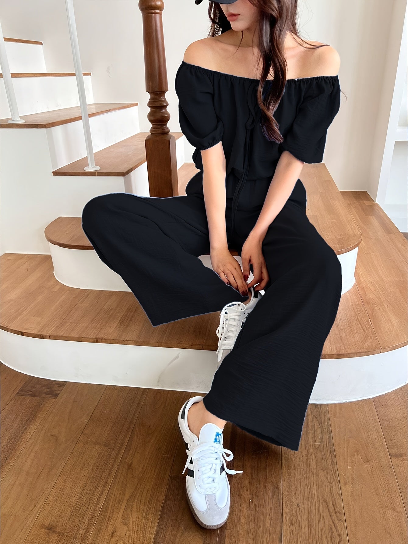Women's Summer Solid Color Off-Shoulder Puff Sleeve Crop Top and Loose Wide-Leg Pants Two-Piece Set - ayq