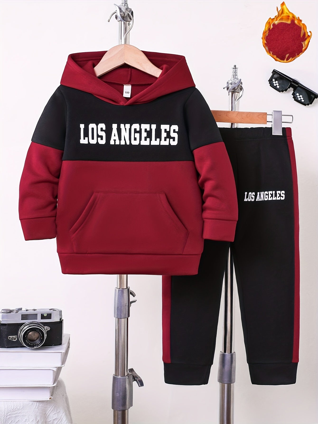 2pcs Boys' Autumn/Winter Fleece-Lined Hooded Sweatshirt and Pants Set, Simple Letter Print Fashion Classic Outfit for Outdoor Sports and Casual Wear, 100% Polyester Knit Stretch Fabric, Ideal Gift Choice for Kids, Perfect for