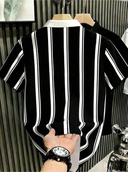 Men's Black & White Striped Skinny Polo Shirt Casual Business
