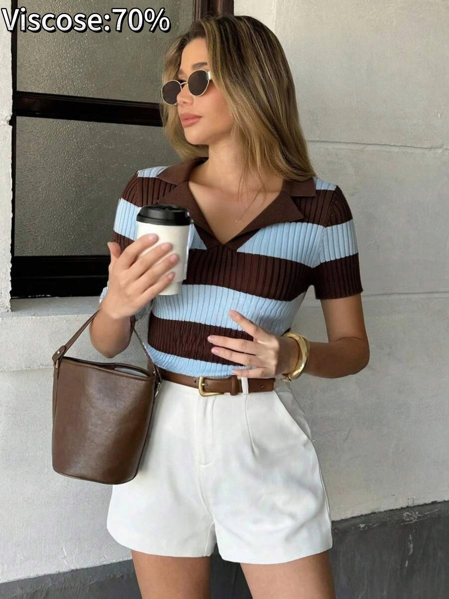 Women’s Retro V-Neck Striped Bodycon Top with Tailored Waist