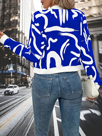 Կանացի ոճային սև-սպիտակ աբստրակտ նախշերով կայծակաճարմանդով կարդիգան բաճկոն - երկար թևքերով առօրյա սվիտեր գոտիով, բոլոր եղանակների համար, առօրյա հագուստի բաճկոն | Ժամանակակից առօրյա բաճկոն | կայծակաճարմանդով բաճկոն