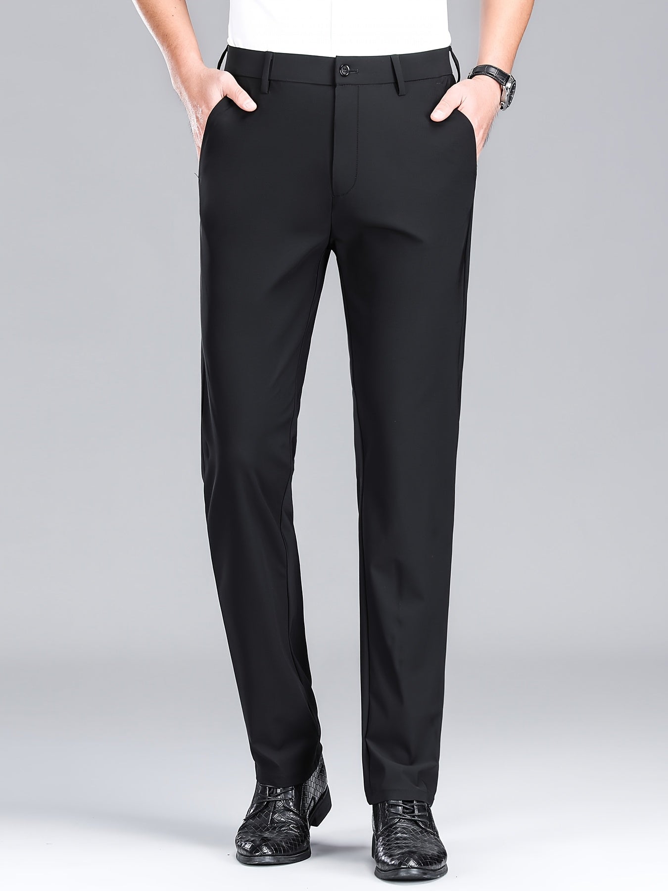 Men'S Navy Blue Straight Leg Dress Pants - Casual Style, Polyester Fabric with Slight Stretch, Mid Waist, Button Closure, No Belt, Regular Fit, Outdoor & Office Wear, Office Attire|Straight Leg Pants|Polyester Fabric