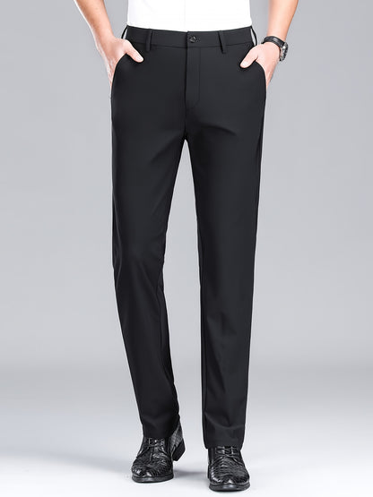 Men'S Navy Blue Straight Leg Dress Pants - Casual Style, Polyester Fabric with Slight Stretch, Mid Waist, Button Closure, No Belt, Regular Fit, Outdoor & Office Wear, Office Attire|Straight Leg Pants|Polyester Fabric