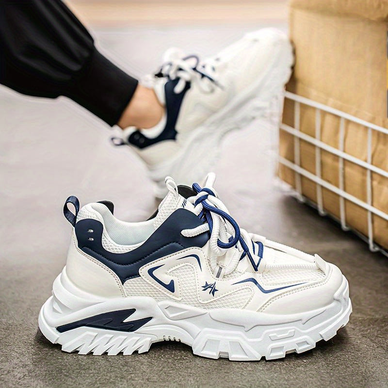 Men'S Breathable Mesh Sneakers with Thick Cushioned Sole - Lightweight Low-Top Lace-Up Shoes for Running, Hiking  Casual Wear, Navy Blue  White Design, All-Season Comfort, Sneakers, Hiking Footwear, Stylish Laceup Shoes, Du