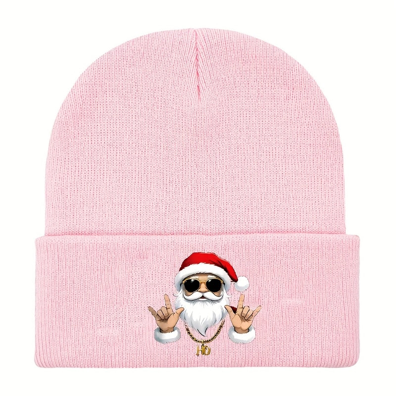 Men's Retro Santa Claus Print Beanie Hat - Red & White Christmas Knit Cap with Iconic Santa Face, Golden Ho Ho Ho Logo-like Charm, Stretchy Warm Winter Cap for Holiday Parties, New Year's & Casual Wear (Hand Washable)