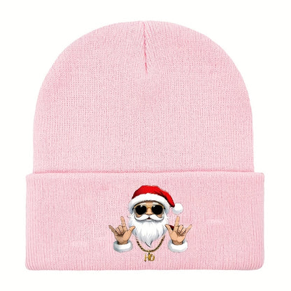 Men's Retro Santa Claus Print Beanie Hat - Red & White Christmas Knit Cap with Iconic Santa Face, Golden Ho Ho Ho Logo-like Charm, Stretchy Warm Winter Cap for Holiday Parties, New Year's & Casual Wear (Hand Washable)