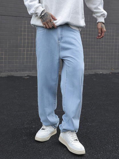 Men's Loose Solid Denim Pants With Pockets, Causal Cotton Blend Jeans For Outdoor Activities