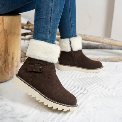 Women's Winter Snow Boots with Plush Faux Fur Collar & Buckle Closure - Round Toe TPR Sole Slip- Warm Ankle Boots, Soft Fabric Upper & Lining, Black/White/Beige/Coffee Brown - Casual & Formal Winter Footwear for Snow & Ice -