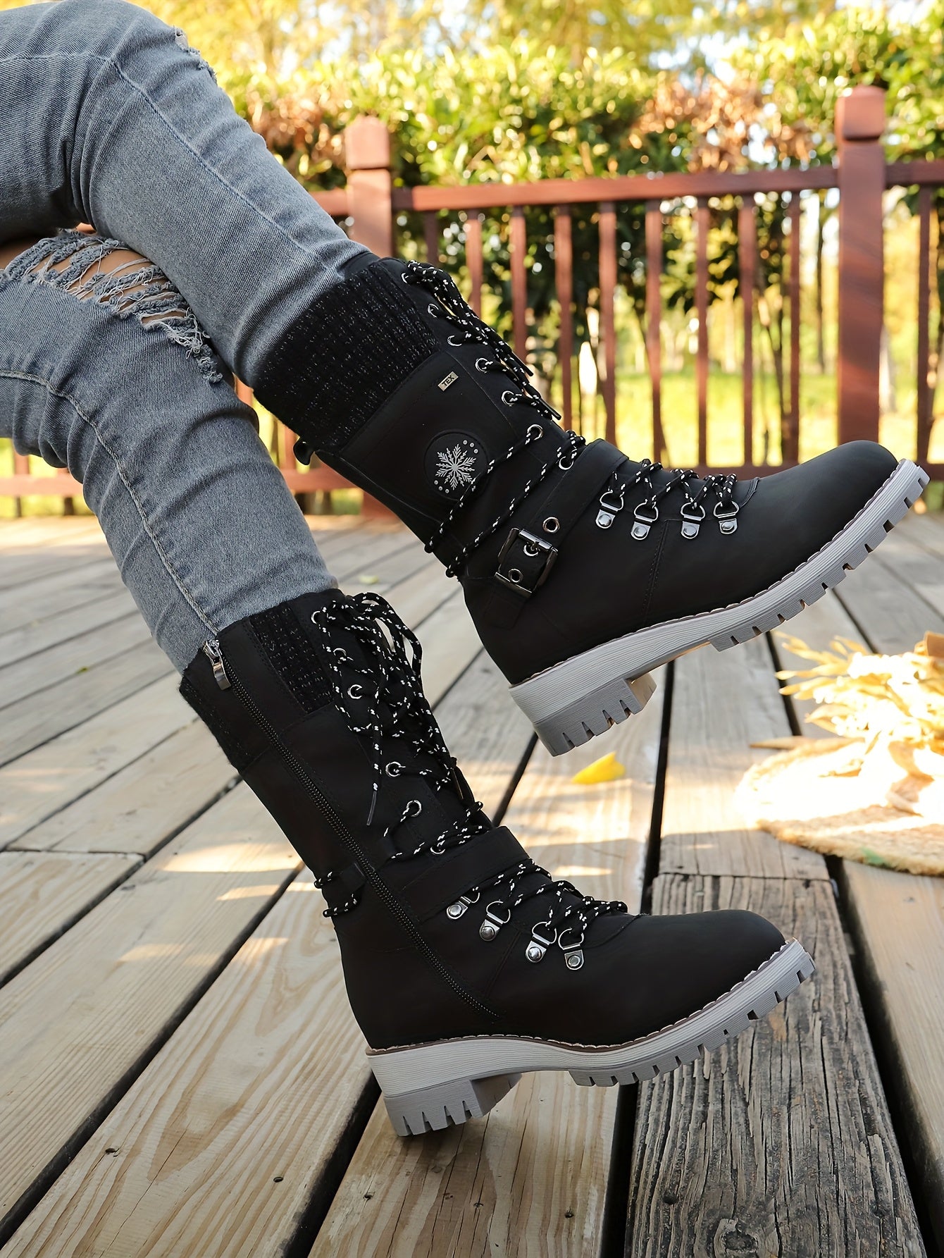 Women'S Comfortable Knitted Mid-Calf Winter Boots - Anti-Slip Side Zipper Lace-Up Design, Thick Sole, Fleece-Lined Retro Style in Black/Brown/Beige/Red/White for Casual Wear, Women Cowboy Boots, Women Winter Boots, Women Autu