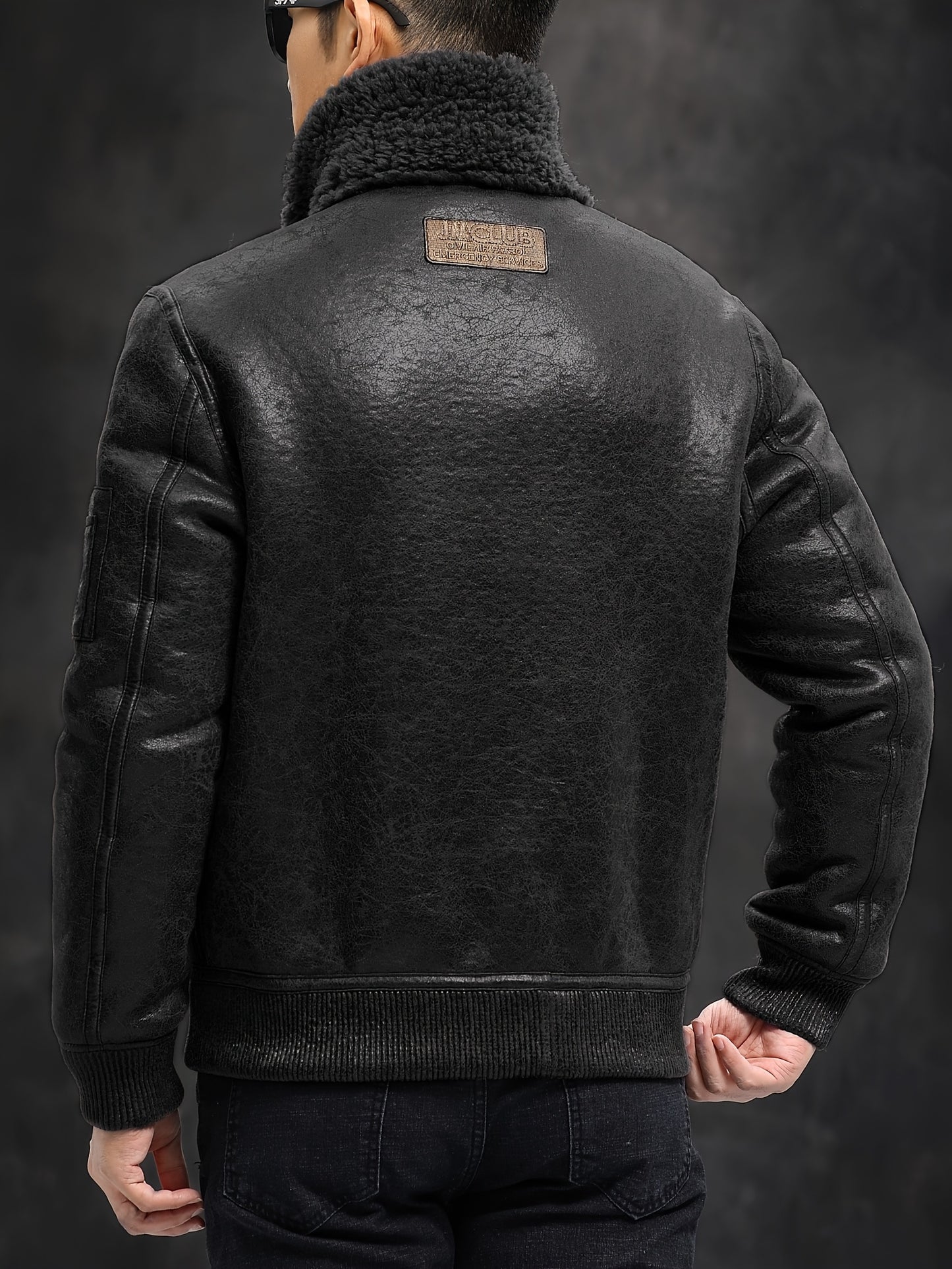 Men'S Faux Fur Lined Biker Jacket, Casual Long Sleeve Applique Air Force Style, Polyester 100% Knit Fabric, Solid Color Lapel Collar, Zipper Closure, Regular Fit for Daily & Golf Occasions - Fall/Winter Collection