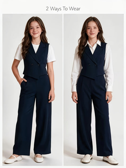 Preppy Vest & Wide-Leg Pants Set for Teen Girls, Navy & Lavender