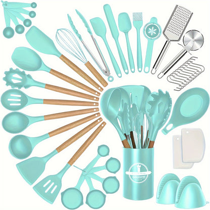 43pcs Non-Stick Cookware Storage Bucket with Wooden Handles, Silicone Kitchen Utensils, Easy-To-Clean Kitchen Tools, Spatula And Spoon Set.