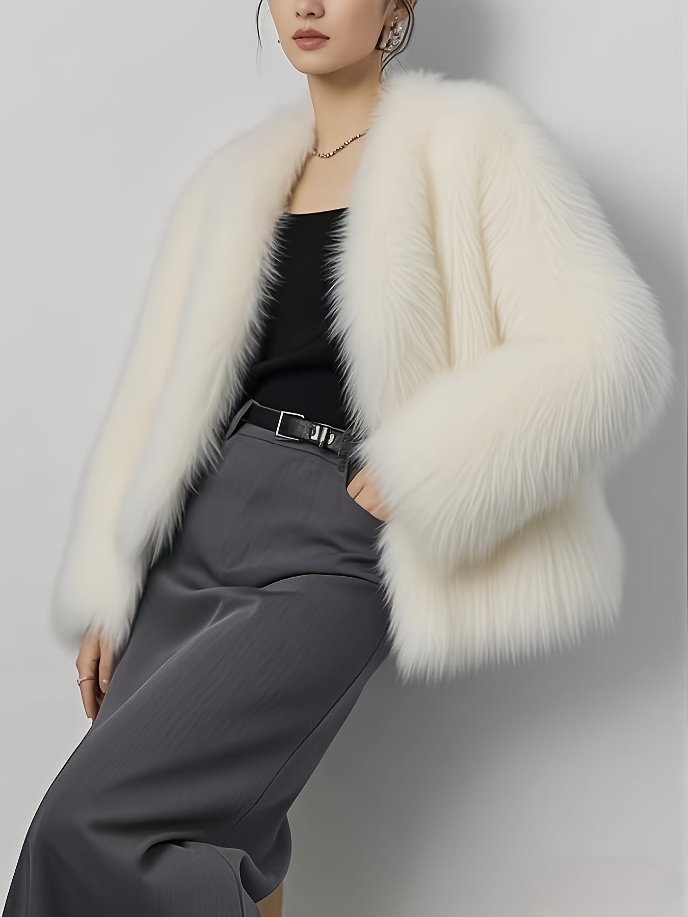 Women's Elegant White Fake Fur Coat - Winter Jacket with Fluffy Collar, Machine Washable Cold Weather Outerwear for Formal & Everyday Events, Luxury Non-Stretch Coat for Women, Ladies Winter Coats, Seasonal Fashion, Sophistic