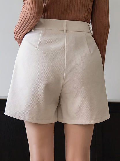 Women'S High-Waisted Straight Pants Shorts with Slant Pockets and Pleats, Solid Color, Woven Polyester, All-Season