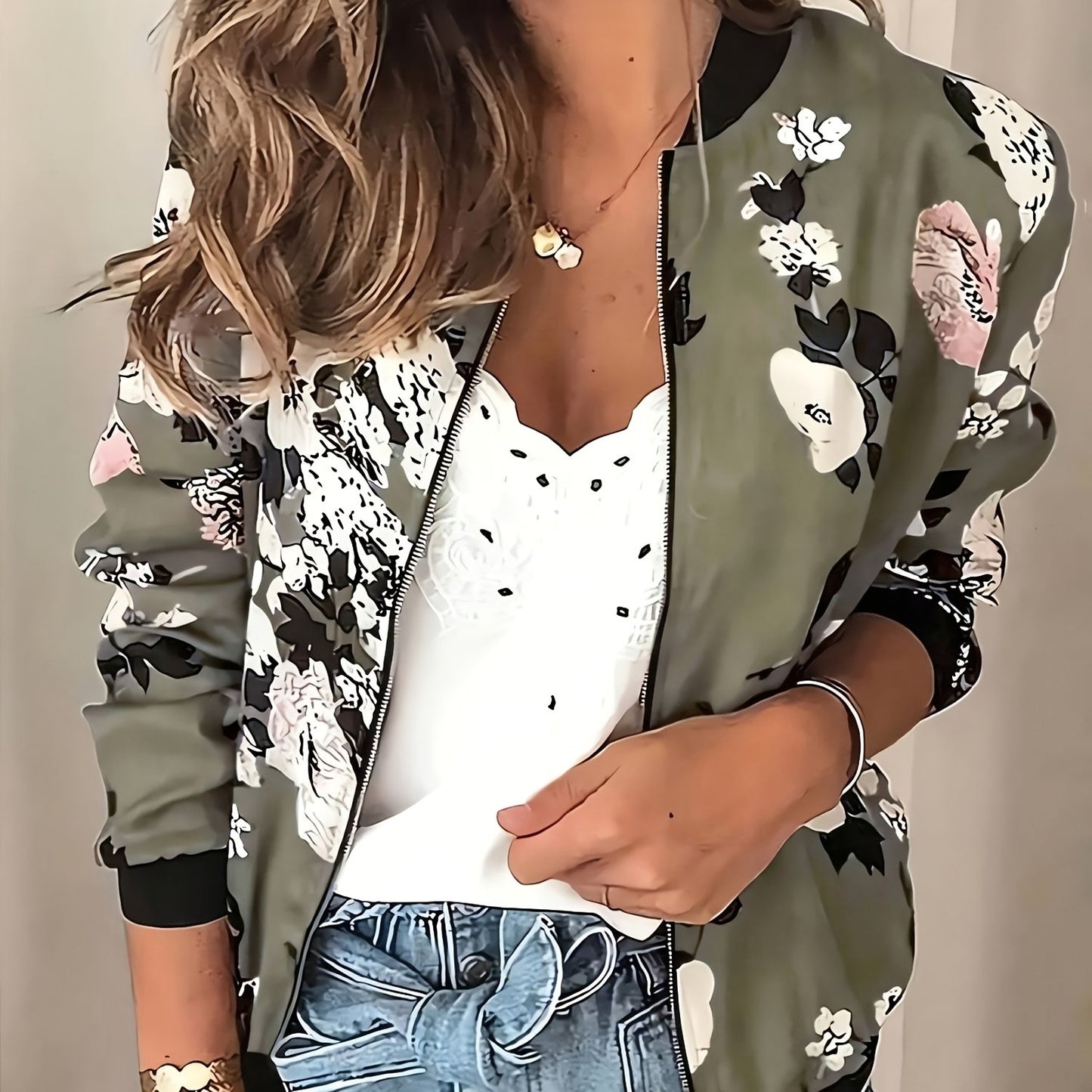 Plus Size Women'S Floral Print Zip-Up Jacket