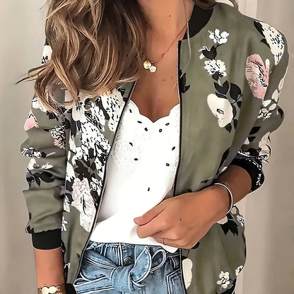 Plus Size Women'S Floral Print Zip-Up Jacket