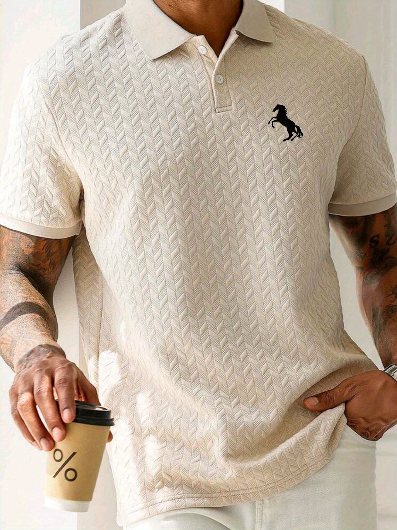 Men'S Casual Short Sleeve Knit Polo Shirt, Polyester Blend with Slight Stretch, Summer Fashion Pullover with Button Details and Print Horse Emblem