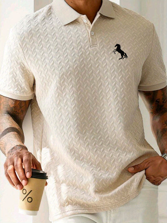 Men'S Casual Short Sleeve Knit Polo Shirt, Polyester Blend with Slight Stretch, Summer Fashion Pullover with Button Details and Print Horse Emblem
