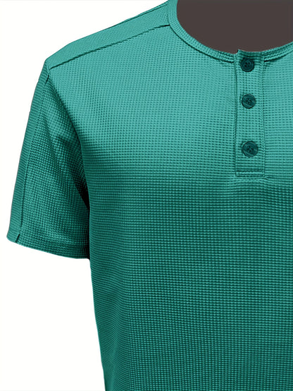 Men'S Long-Sleeve Henry Shirt in Knitted Waffle Style, Featuring Stylish Buttons And a Solid Color, Perfect for High-Quality Casual Outdoor Wear in Spring And Summer.