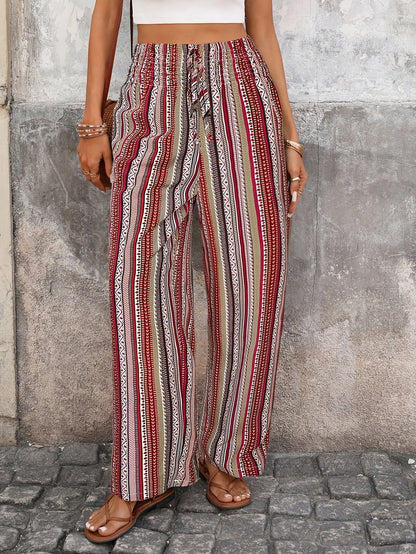 Women's Striped Straight Leg Long Pants with Drawstring Waist
