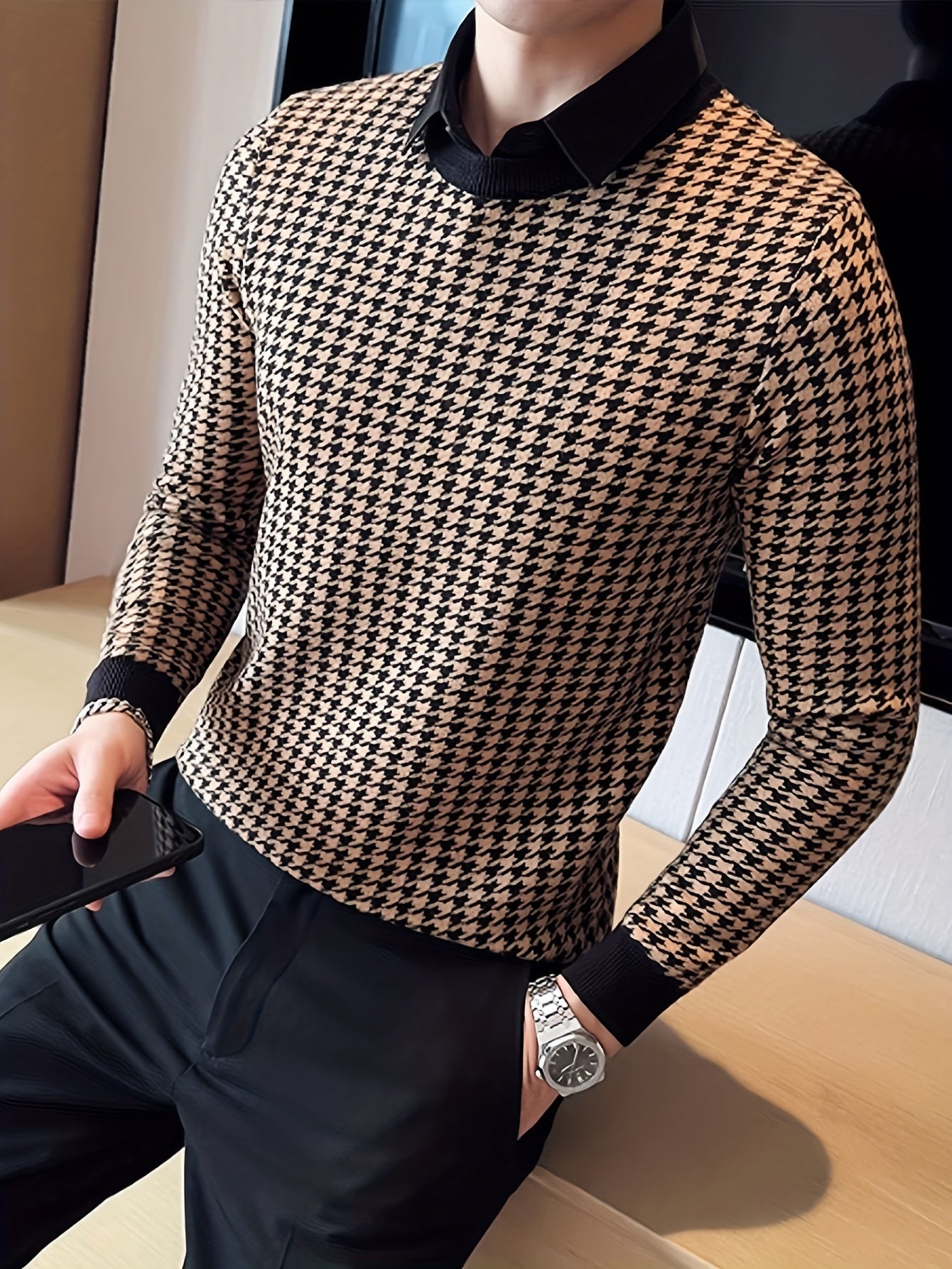 Նոր տղամարդու Houndstooth գունավոր խճճված սվիտեր, կլոր վզնոցով և երկար թևքերով ամենօրյա սվիտեր, տրիկոտաժե