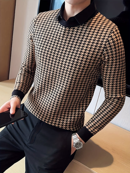Նոր տղամարդու Houndstooth գունավոր խճճված սվիտեր, կլոր վզնոցով և երկար թևքերով ամենօրյա սվիտեր, տրիկոտաժե