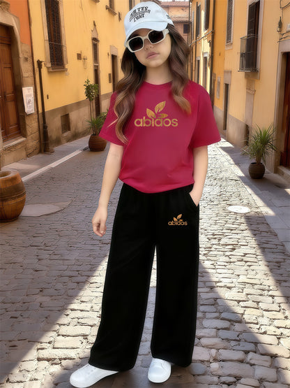 Girls Casual 2-Piece Summer Set: Printed T-Shirt & Wide Leg Pants