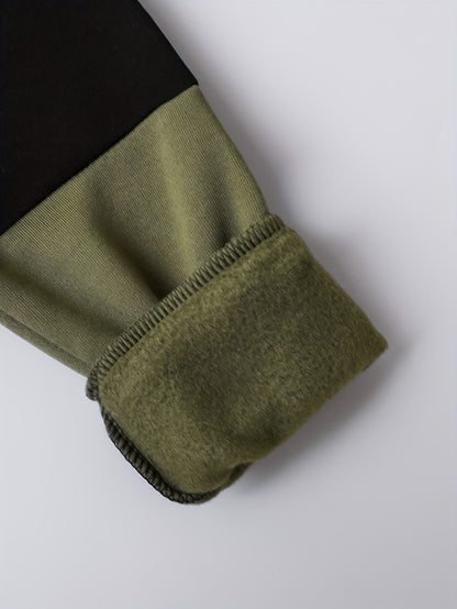 2pcs Boys' Autumn/Winter Fleece-Lined Hooded Zip-Up Jacket and Pants Set with Bird Print, Simple Color Block Design with Pockets, Fashionable Sporty Outfit for Outdoor Activities and Daily Wear, 100% Polyester Knit Stretch Fa