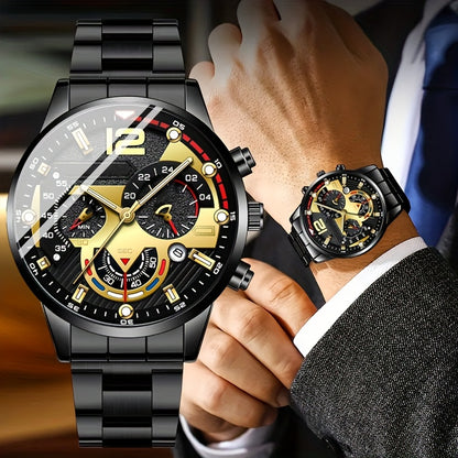 5pcs Men's Luxury Minimalist Watch & Accessory Gift Set - Analog Quartz Watch with Matching Wallet, Fashion Glasses, Keychain & Pen - Business Style for Dad, Birthday or Father's Day Present (, Quartz Movement)