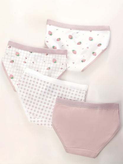 Girls' Cotton Briefs Set of 5 - Cute Strawberry & Checkered Design