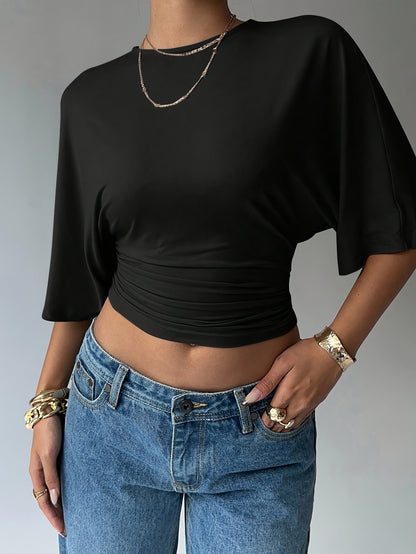 Women's Elegant Solid Round Neck Batwing Sleeve T-Shirt