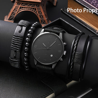 Middle East, Ramadan Men Watch 1pcs Men's Black Nylon Strap Casual Industrial Style Round Dial Calendar Pointer Quartz Watch And 3pcs Bracelets Watch for Men Suitable for Men Party Birthday Wear Or As Brother The Best Gift fo