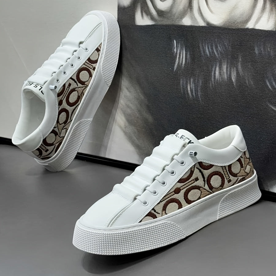 2025 New Men's Spring Slip-On White Sneakers, Breathable Casual Shoes with Embroidered Print, Trendy Footwear - ayq