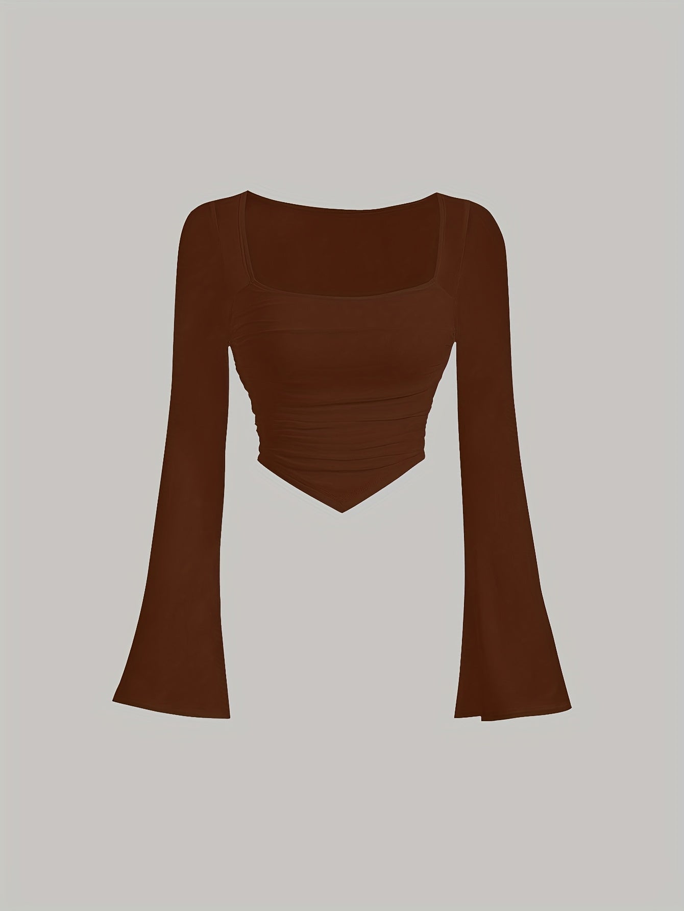 Women'S Elegant Square Neck Solid Color T-Shirt, Polyester Knit Fabric, Short Length, Stretchy Slim Fit, Spring/Fall Fashion Top