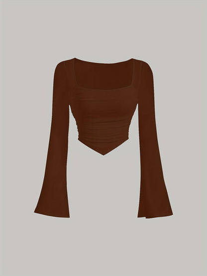 Women'S Elegant Square Neck Solid Color T-Shirt, Polyester Knit Fabric, Short Length, Stretchy Slim Fit, Spring/Fall Fashion Top