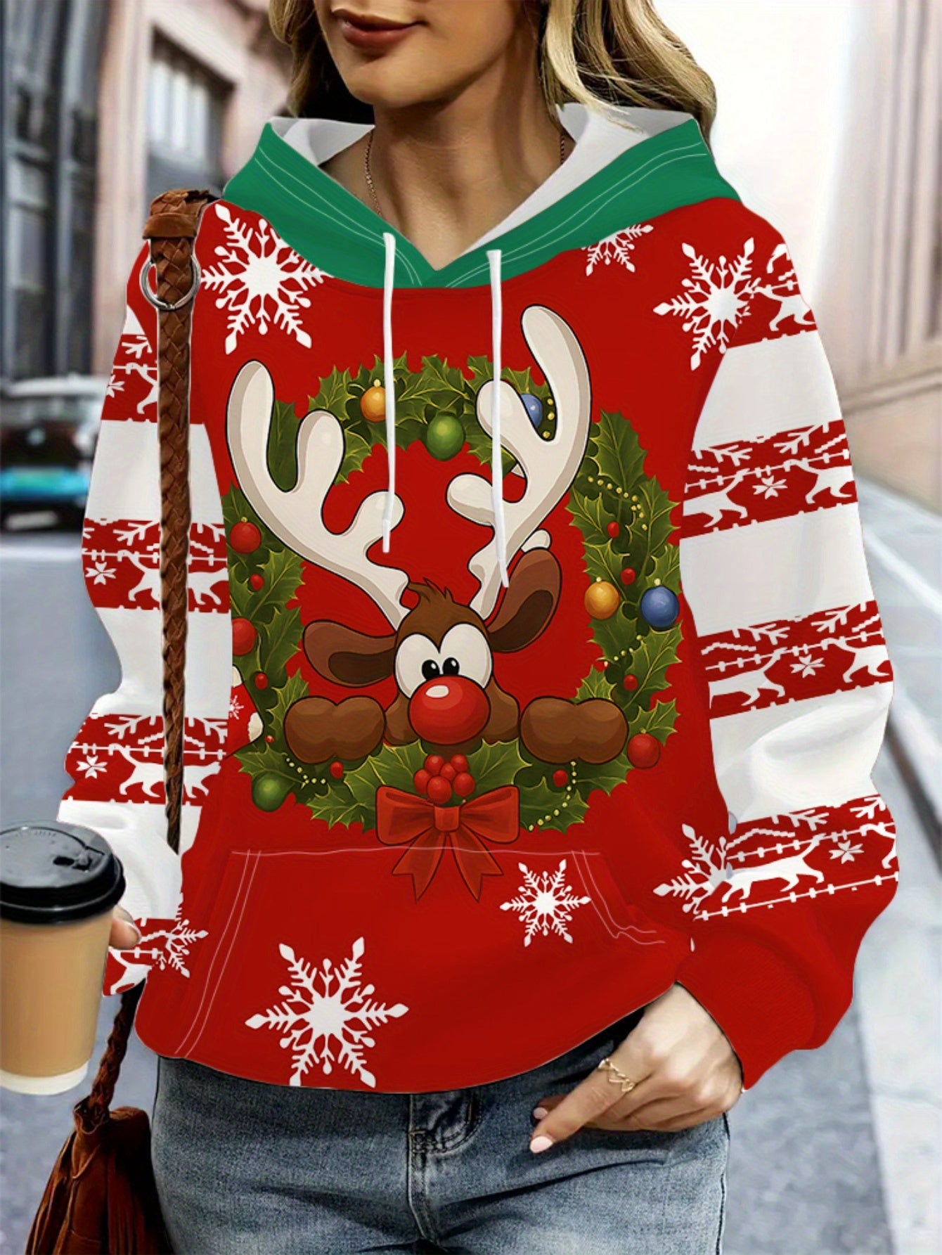 Women'S Christmas Hoodie - Red & White Holiday Sweater with Reindeer, Snowflakes - Cozy Winter Pullover for Christmas Party Outfit, Casual Casual Attire - Non-See-Through Fabric - Easy Care Hooded Sweater, Christmas Hoodie, F