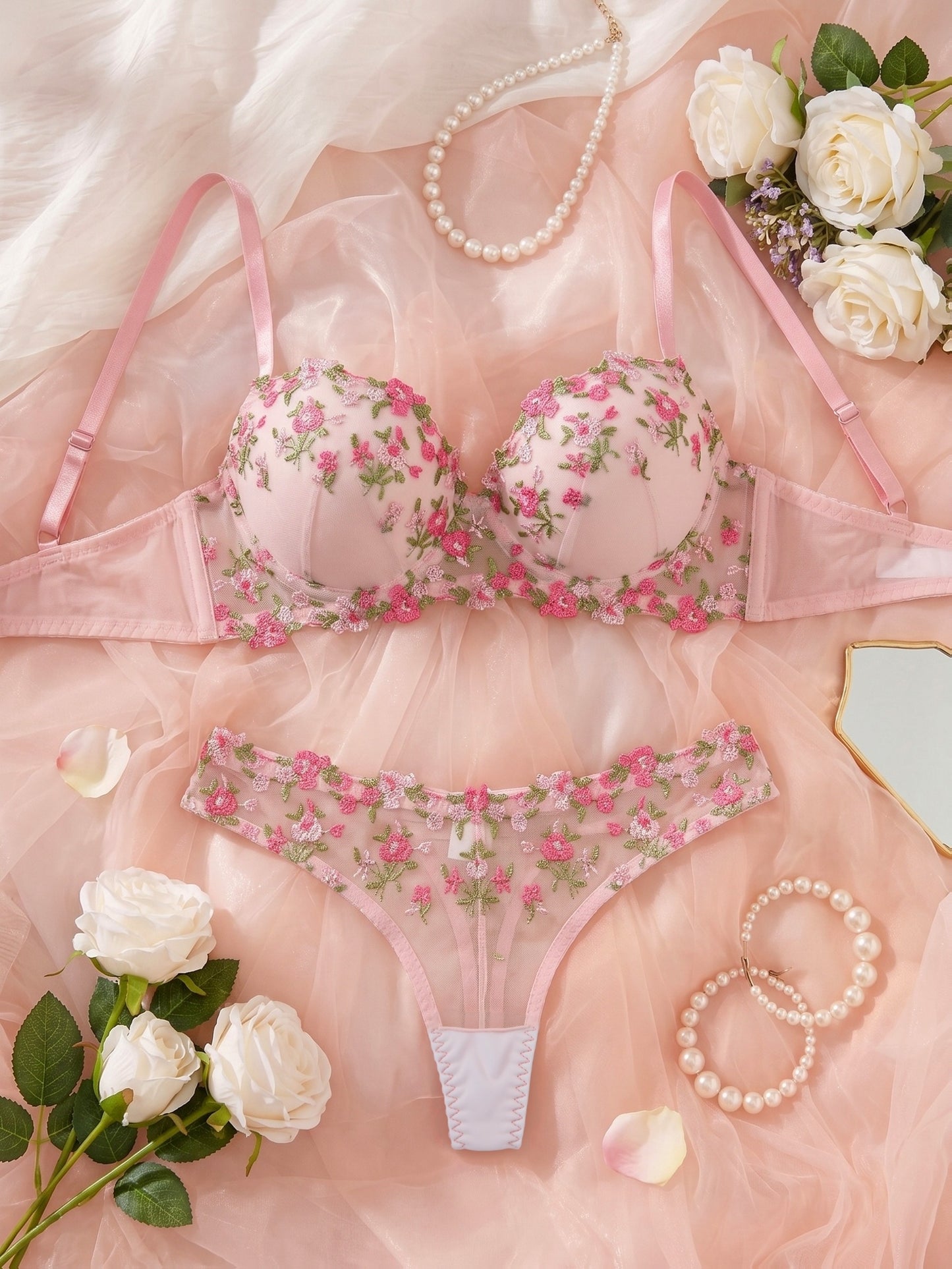 Women's Floral Embroidered Lingerie Set - Elegant Bra & Panties