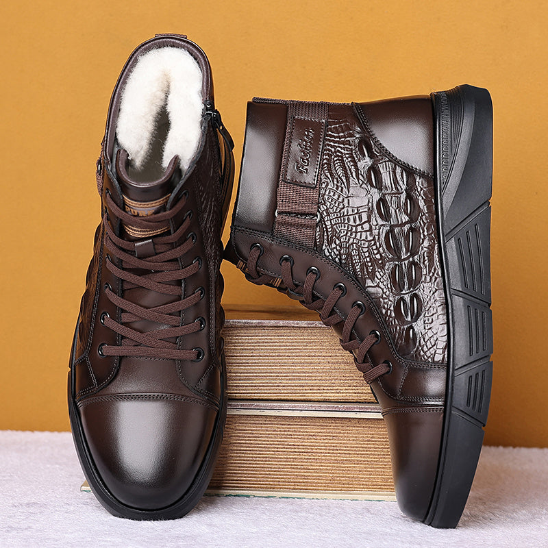 Men'S Versatile High-Top Boots, Featuring a Simple Lace-Up Design And Work Boot Style, with Slip-Resistant, Durable Thick Soles And Crocodile Texture Details, Suitable for Outdoor Travel And Daily Office Wear, Ideal for Use D