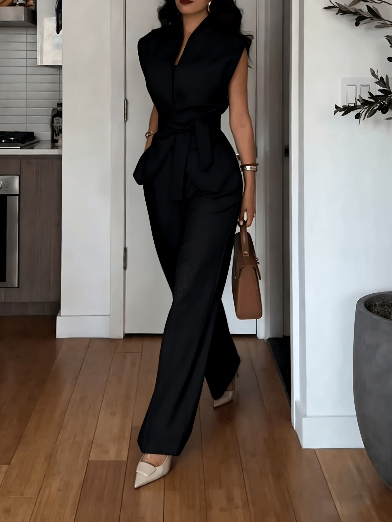 Women's Sleeveless Two-Piece Set with Bow Belt - Elegant Solid Color